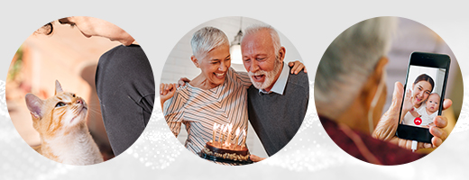 Image of a man looking at his cat, image of a senior couple and a birthday cake, image of a senior woman speaking to her daughter and baby on a phone screen